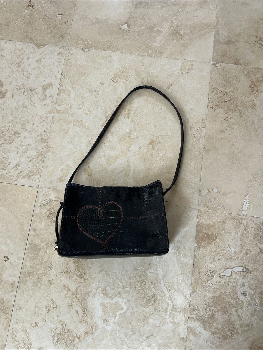 Brighton Black Leather Shoulder Bag with Heart Stitching